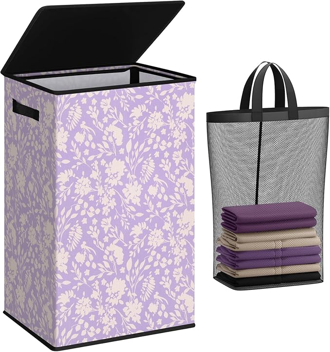 SOLEDI Laundry Hamper with Lid, 90L Tall & Large Floral Laundry Basket, Collapsible Clothes Hamper with Removable Bag, Dirty 