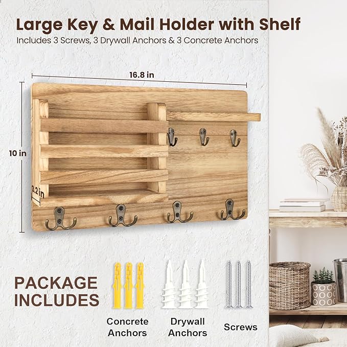 Nekon Mail Holder for Wall Mail Organizer with Key Hooks Hallway Farmhouse Decor Storage Racks with Floating Shelf and Flush 