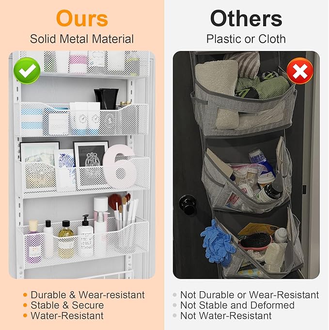 Over the Door Organizer, 2 in 1 Metal Hanging Closet Organizer & Hat Rack with 4 Adjustable Baskets, 8 Hooks, 10 Clips, Behin