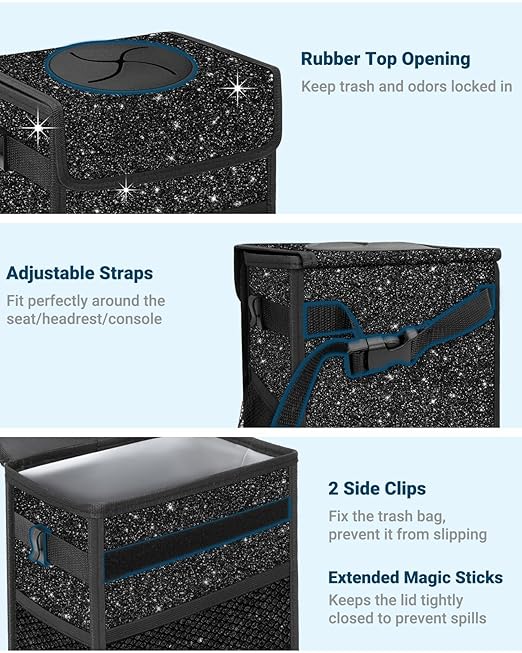 Capolo Car Trash Can with Lid, Leakproof Car Trash Bag Hanging Waterproof Automotive Garbage Can with Storage Pockets Mini Vehicle Trash Bin for Back/Front Seat(Sparkly Black,2.5 Gallon)