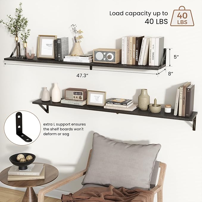 Axeman 48 Inch Floating Shelves | 8 Inch Deep Black Wall Shelves Set of 2 | 47.3" W x 8" D Rustic Black Wood Shelves for Bath