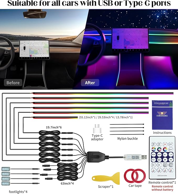 KENANEK Acrylic Car LED Strip, 10 in 1 USB/Type C Interface Colorful 187-inch Ambient Lighting car Interior kit，Supporting Wireless Control Modes，with 16 Million Color Options