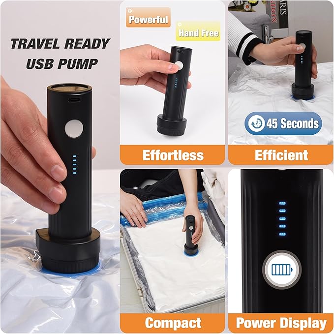 Travel Vacuum Storage Bags with Rechargeable USB Air Pump, Space Saver Vacuum Seal Bags for Luggage, Sealer Compression for C