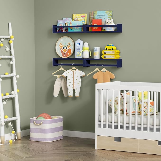 Forbena Navy Blue Floating Book Shelves for Nursery Boy, Decorative Wall Bookshelf for Kids Room, Small Wood Floating Shelves