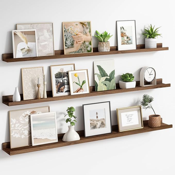 Axeman Picture Ledge Shelf | 55 Inch Walnut Floating Shelves Set of 3 | Rustic Wood Wall Shelves with Lip | 55" Walnut Pictur