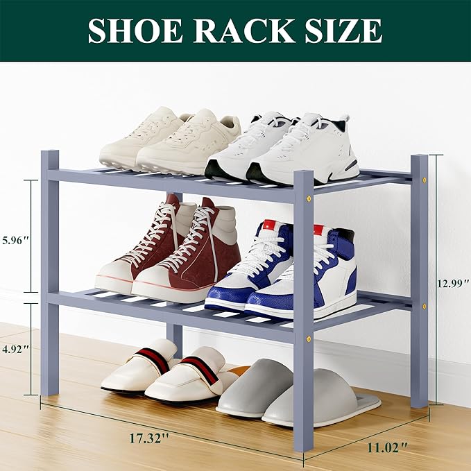 Smiry Shoe Rack, 2 Tier Small Bamboo Shoe Organizer, Stackable Free Standing Wooden Shoe Storage Shelf for Closet, Entryway, 