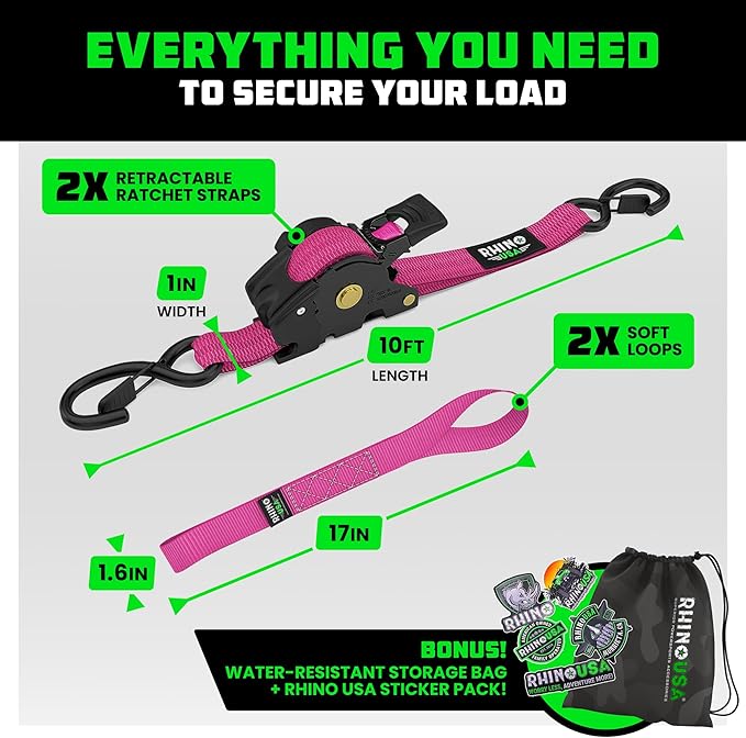 Rhino USA Retractable Ratchet Straps (2-Pack) - 1 Inch x 10 Feet (1,209lb Break Strength) - Auto Self Retracting Tie Down Straps for Truck, Cargo Trailer, Motorcycle, ATV, UTV - Pink
