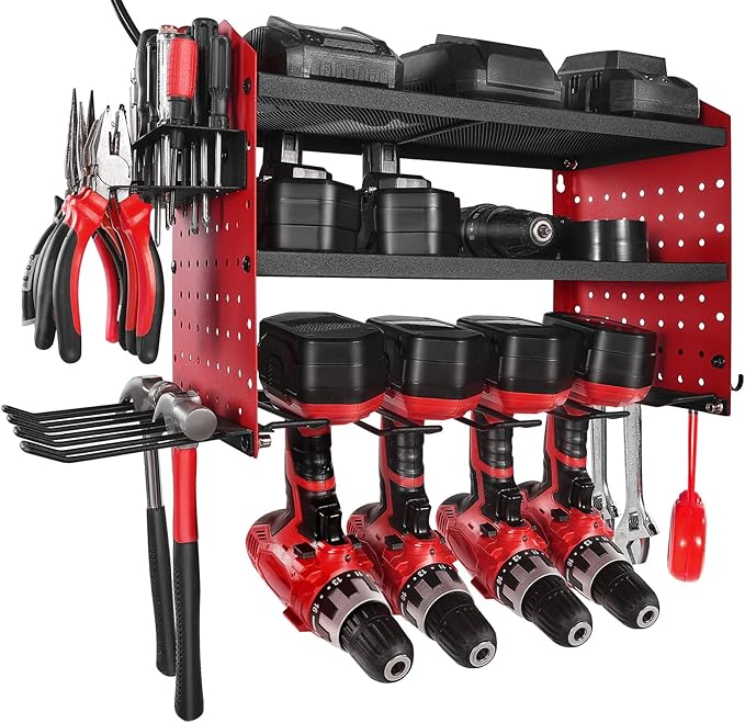 VEVOR Power Tool Organizer with Charging Station, 3-Layer Drill Storage Rack with 4 Drill Holders & Side Pegboard, Garage Too