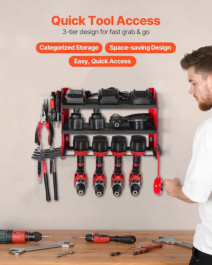 VEVOR Power Tool Organizer Wall Mount, 3-Layer Storage Rack with 4 Drill Holders, Tools Holder and Storage Rack with Side Peg