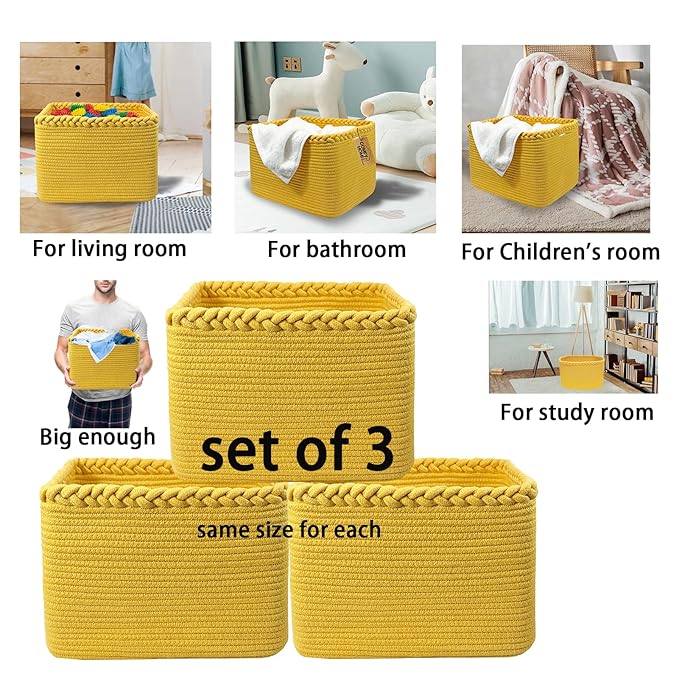 COMFY-HOMI 3Pack Small Woven Cotton Rope Basket for Organizing, Gift Baskets for Handles, Empty Gift Baskets, Medium Rope Bas