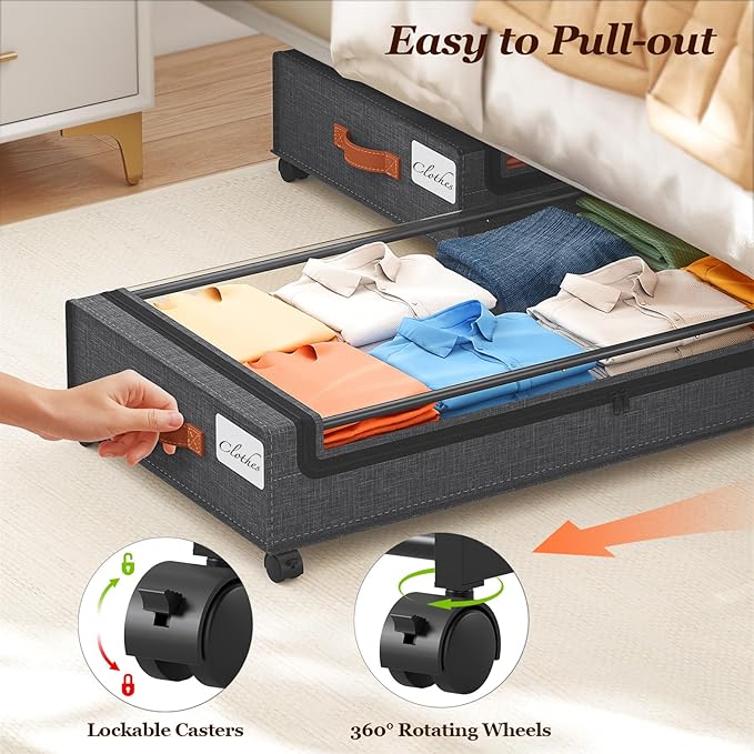 Yecaye Under Bed Storage with Wheels 2 Pack, 85L Extra Large Under Bed Storage Containers with Metal Frame & Clear Lid, Rolli