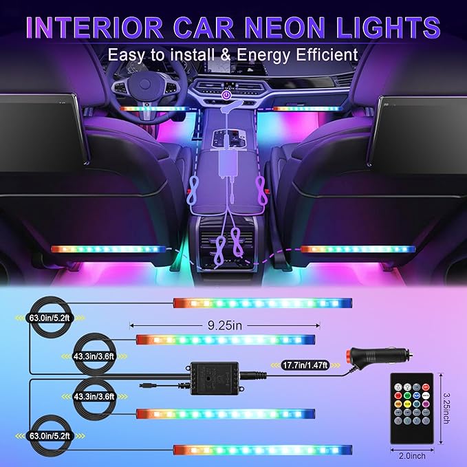 LivTee Car Led Interior Lights，4pcs 48 LED Multicolor Music Car Interior Accessories Under Dash Lighting Waterproof Kit with Sound Active Function and Wireless Remote Control, Car Charger Included