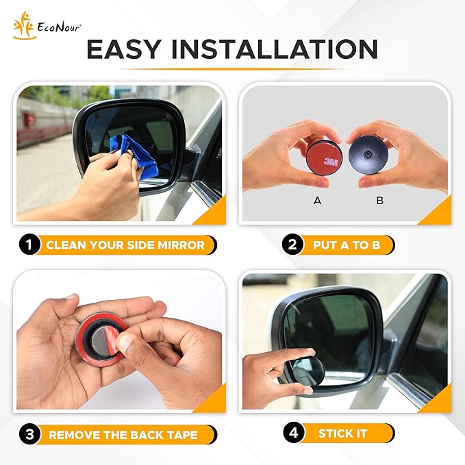 EcoNour Blind Spot Mirror for Car (2 Pack) - 3X Larger View, Convex Rear View Blind Spot Mirrors, 2" Round HD Side Blindspot, Wide Angle Adjustable Blindspot Mirror for Car SUVs & Trucks