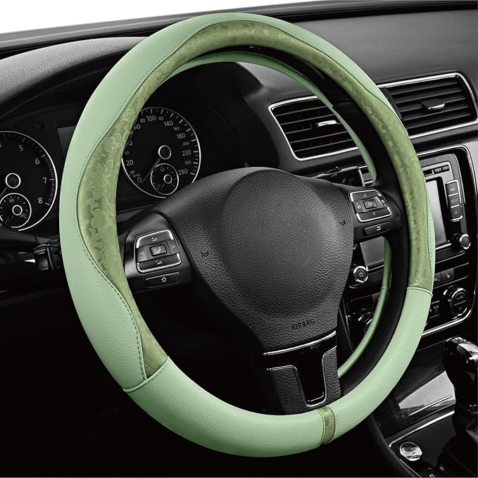 PIC AUTO Steering Wheel Cover, Green Patterned Leather Patchwork Design, Universal Fit 14.5"–15.5", Anti-Slip, Odor-Free, Sof