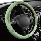 PIC AUTO Steering Wheel Cover, Green Patterned Leather Patchwork Design, Universal Fit 14.5"–15.5", Anti-Slip, Odor-Free, Sof