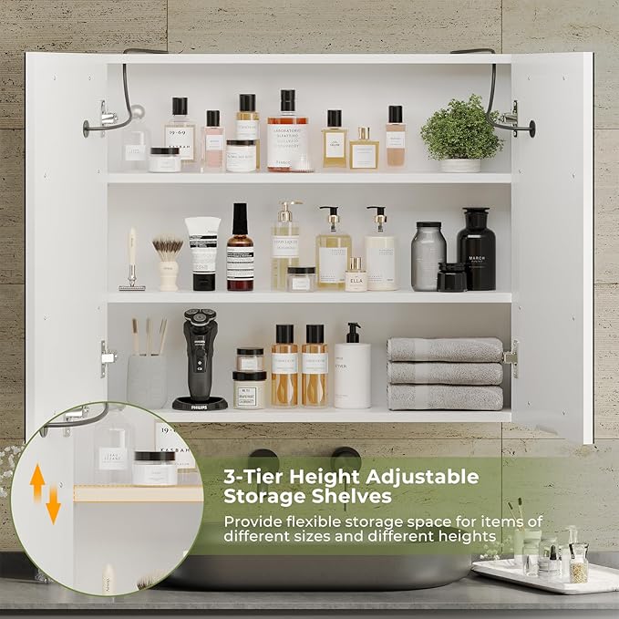 DICTAC Bathroom Medicine Cabinet with Mirrors and Led Lights 27.6x23.62 inch Double Doors Wall Mounted Mirror Cabinet with St