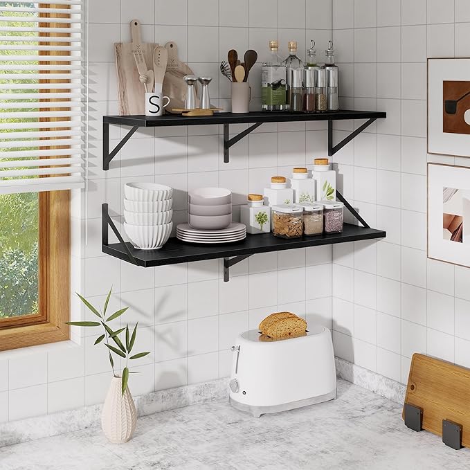 Black Deep Floating Shelves for Wall,36" Wx10 D Wood Wall Shelves with Metal Brackets,Hanging Storage Floating Shelf for Livi
