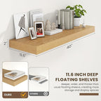 Deep Floating Shelves | 40 Inch Oak Floating Shelves Set of 2 | 12 Inch Deep Wood Wall Shelves | 40" W x 12" D Oak Shelves fo