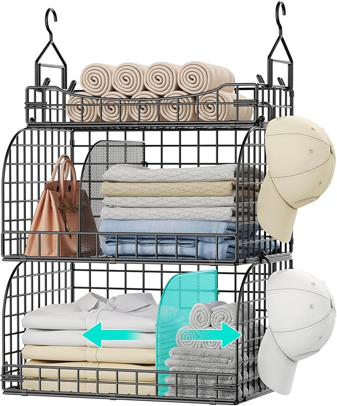 HapiRm Hanging Closet Organizer Storage - 3 Tier Metal Stackable Hanging Closet Shelves with Dividers and S Hooks, Foldable C