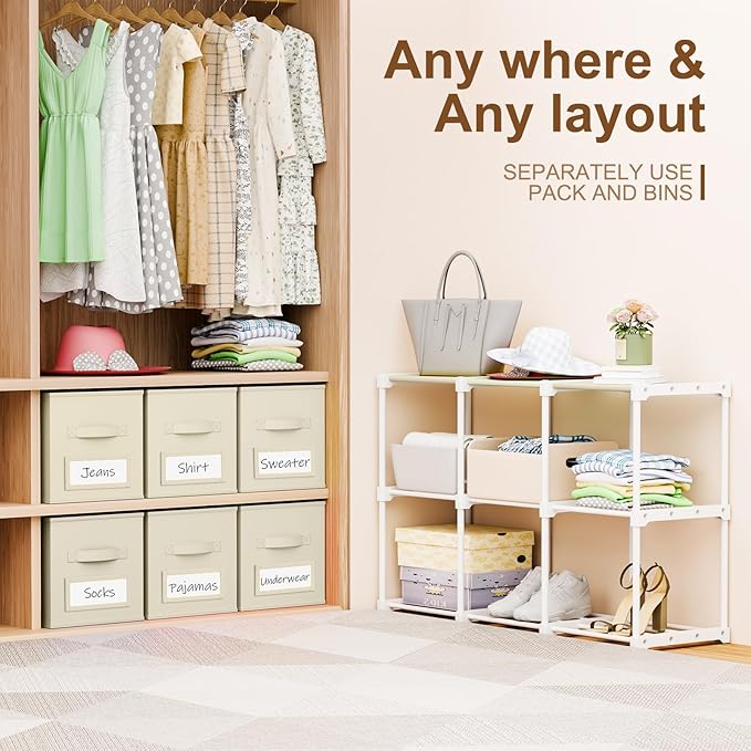 Geelin 6 Cube Storage Organizer with Fabric Bins and Labels 11 Inch, Fabric Collapsible Cubby Clothes Storage Drawer Dresser 