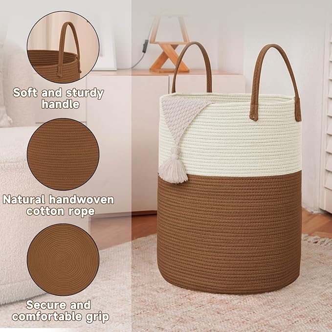 JMvicyroam Large Woven Laundry Basket Hamper,80L Cotton Rope Storage Bin for Blankets,Toys and Clothes,Decorative Tall Nurser