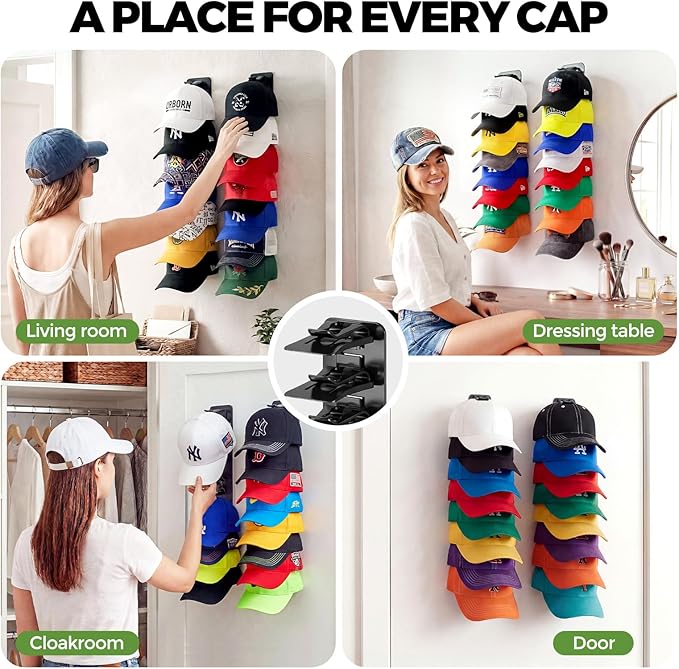 2 Pack Hat Organizer for Baseball Caps, Each Holds 18 Hats (36 Total), Customizable Wall Hat Rack, Adhesive or Screw-in Insta