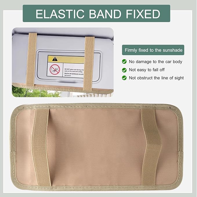 Sun Visor CD Holder, 12-Capacity Car Visor Organizer with DVD Sleeves and Mesh Pocket, Universal Visor Storage for Vehicle CD Case and Pen Holder Ergonomic Design (Khaki 1 Pcs)