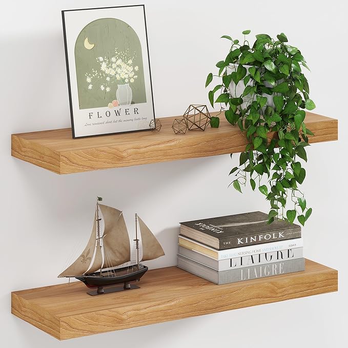 8 Inch Deep Floating Shelves, USA-Sourced Rustic Elm Wood Wall Shelves for Storage, Wall Mounted Display Shelving with Invisi