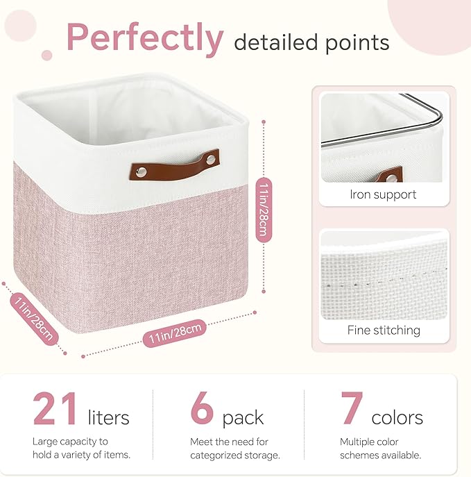 FinishingBo Cube Storage Baskets 6 Pack, 11x11 inch Cube Storage Bins with Leather Handles for Shelf Closet (White/ Pink)