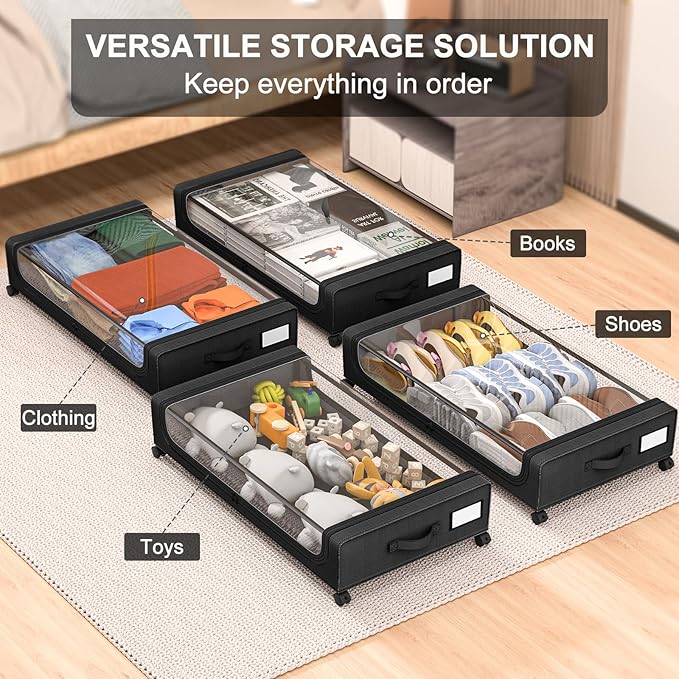 GoMaihe Under Bed Storage with Wheels: 4-Pack XXL 48L Underbed Storage Containers with Lids - Rolling Drawers for Shoes Cloth