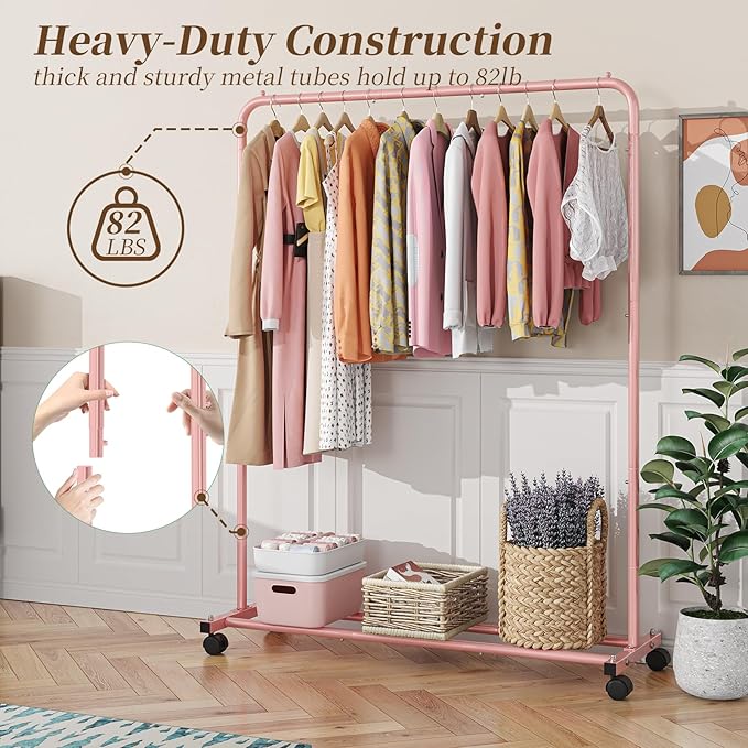 Simple Trending Standard Clothes Clothing Garment Rack with Storage Shelves, Rolling Clothes Organizer on Wheels for Hanging 