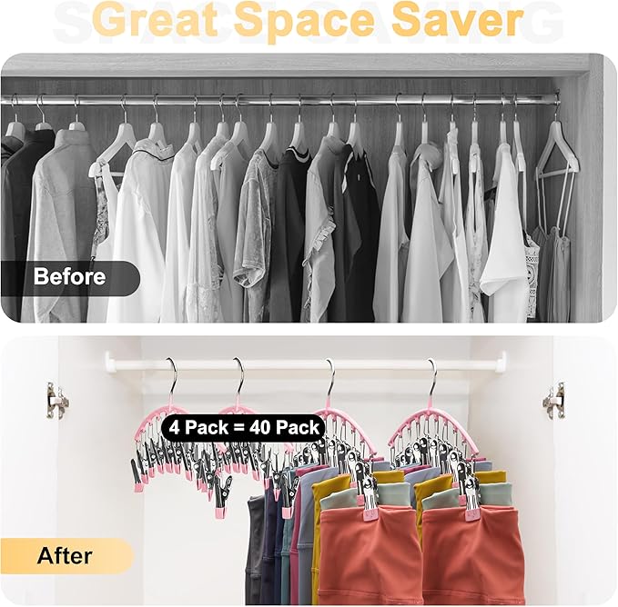 Legging Organizer for Closet, Metal Yoga Pants Hangers 4 Pack w/10 Clips Holds 40 Leggings, Space Saving Hanging Closet Organ