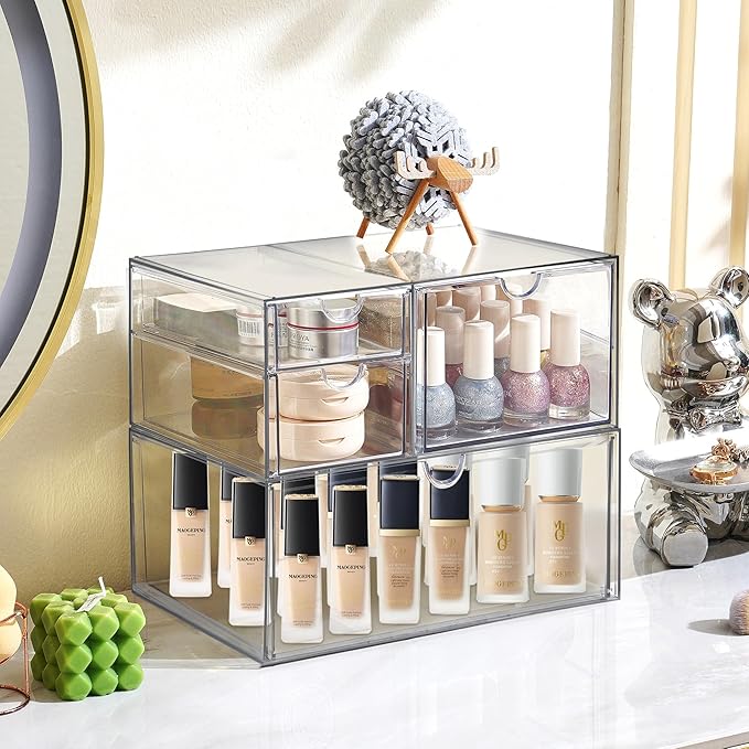 Prsildan Acrylic Drawer Makeup Organizer with 4 Drawers, Set of 2 Office Desk Organizers Accessories, Clear Stackable Storage