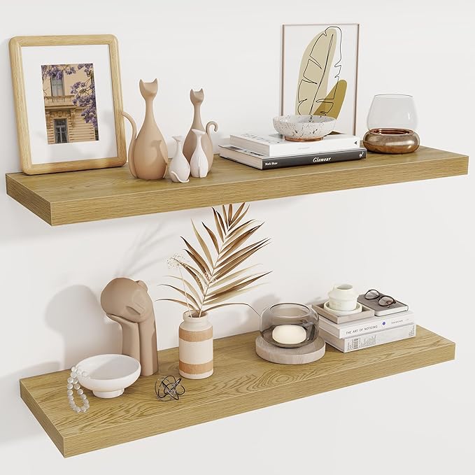 Fun Memories 12 Deep Floating Shelves, 40W x 12D Floating Shelves for Wall Set of 2, Extra Deeper Hanging Wood Shelves for Wa
