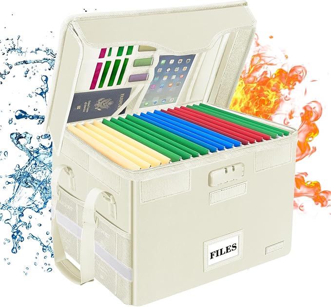 DocSafe Fireproof Document Box with Lock,File Storage Organizer with Zipper Pockets,Collapsible Portable File Box Home Office