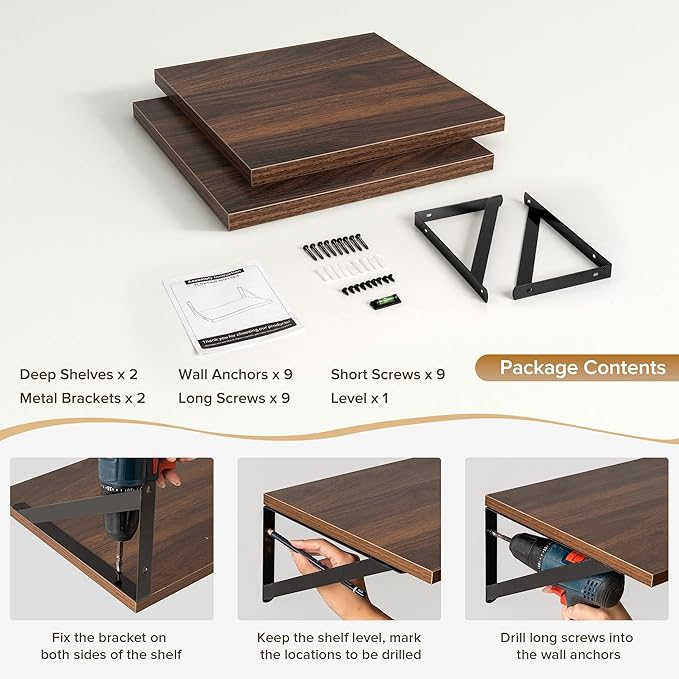 Deep Floating Shelves Wall Mounted, 12"x12" Walnut Wall Shelves with Brackets Set of 2 for Bedroom, Living Room, Bathroom, Ki