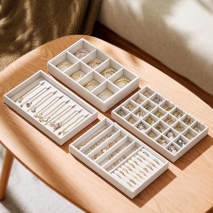 Velvet Jewelry Drawer Organizer Trays – 4-Layer Stackable Jewelry Storage Inserts Set, Beige Jewelry Tray Set for Earrings, R