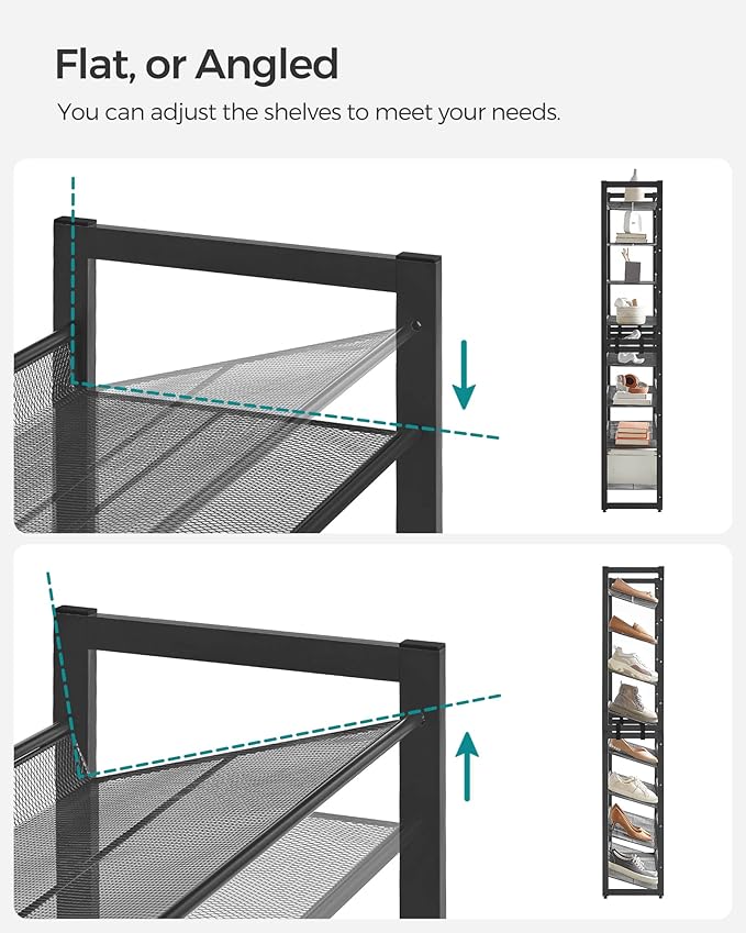 SONGMICS Shoe Rack, 8-Tier Shoe Organizer, Metal Rack for Garage, Set of 2, 4-Tier Stackable Shelf, with Adjustable Flat or A