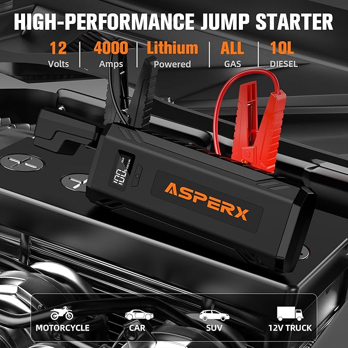 ASPERX Car Jump Starter, 4000A Peak Battery Starter for All Gas or 10.0L Diesel Engines, 12V Battery Starter, Jump Box with