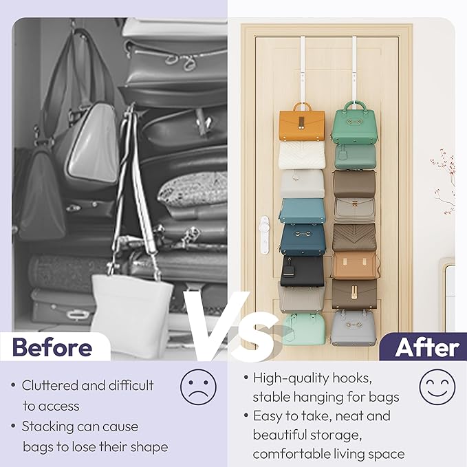 SWTYMIKI Over the Door Purse Organizer - 2 Packs Wall Mounted Purse Rack with 8 Hooks Design, Hanging Handbag Organizer Stora