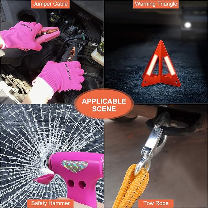 THINKWORK Car Emergency Kit for Teen Girl and Lady's Gifts, Pink Emergency Roadside Assistance kit with 10FT Jumper, First Ai