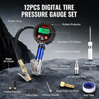 WORKPRO 12PCS Digital Tire Pressure Gauge with Inflator, 250 PSI, Heavy Duty Air Compressor Attachments with Storage Bag, Tire Gauge with Brass Air Chuck and Rubber Hose for Vehicles and Inflatables