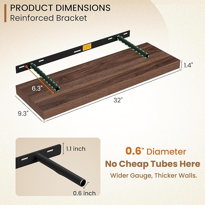 Fun Memories Floating Shelves 32 Inch Long, 9.3Inch Deep Floating Shelves for Wall, Extra Deeper & Thicker Wall Mounted Stora
