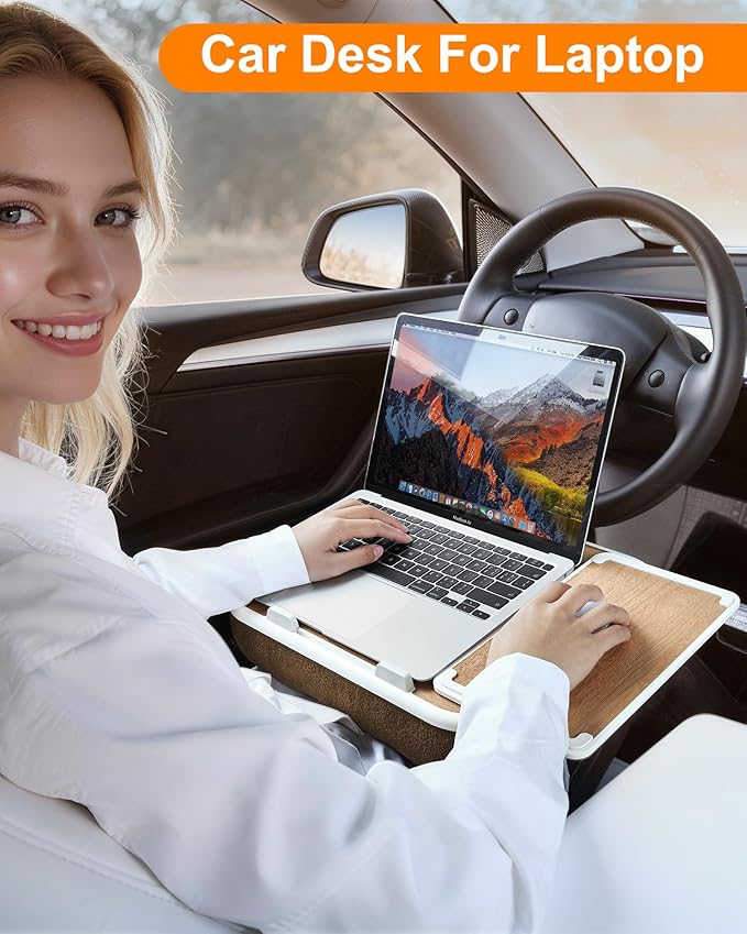 Car Desk for Laptop with Mouse Pad, Car Tablet Holder Back Seat for Kids, Car Tray Table for Front Seat Passenger, Portable Soft Pillow Stand for Vehicle Bed Sofa - Wood Grain