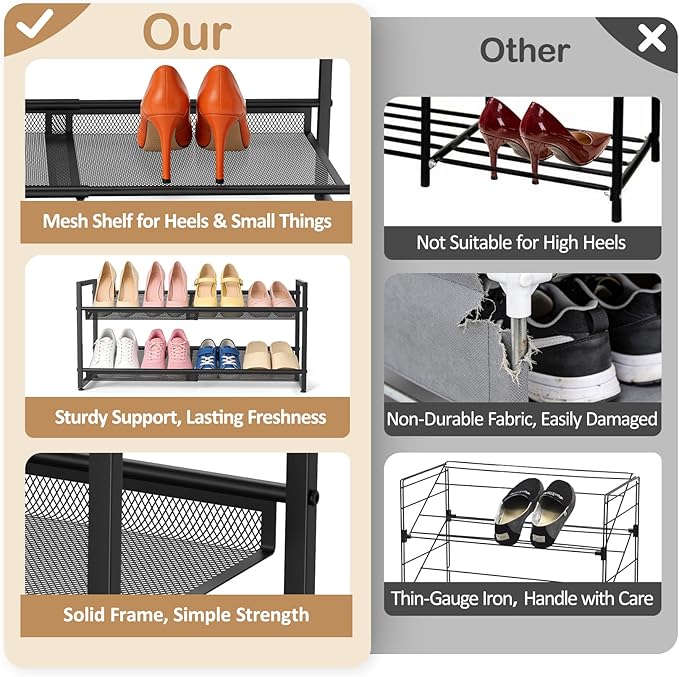 Expandable Shoe Rack, 2 Tier Adjustable Shoe Organizer with Flat & Slant Dual Use Design, Space Saving Shoes Stand for Closet