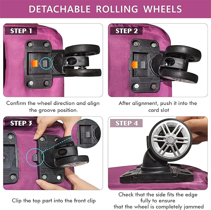 Expandable Foldable Duffel Bag with Detachable Rolling Wheels, Large Carry-On Luggage for Travel, Gym, Camping, Shopping, Business Trip (Purple)