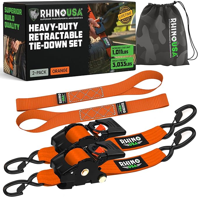 Rhino USA Retractable Ratchet Straps (2-Pack) - 2 Inch x 10 Feet (3,033lb Break Strength) - Heavy Duty Auto Self Retracting Tie Down Straps for Truck, Cargo Trailer, Motorcycle, Rad & More - Orange