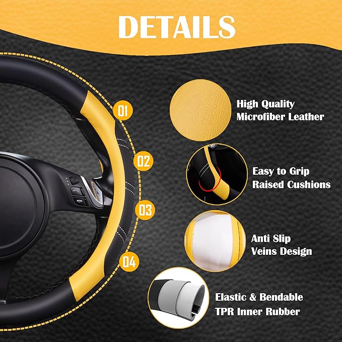 CAR PASS Line Rider Microfiber Leather Sporty Steering Wheel Cover Universal Fits for 95% Truck,SUV,Cars,14.5-15inch Anti-Sli