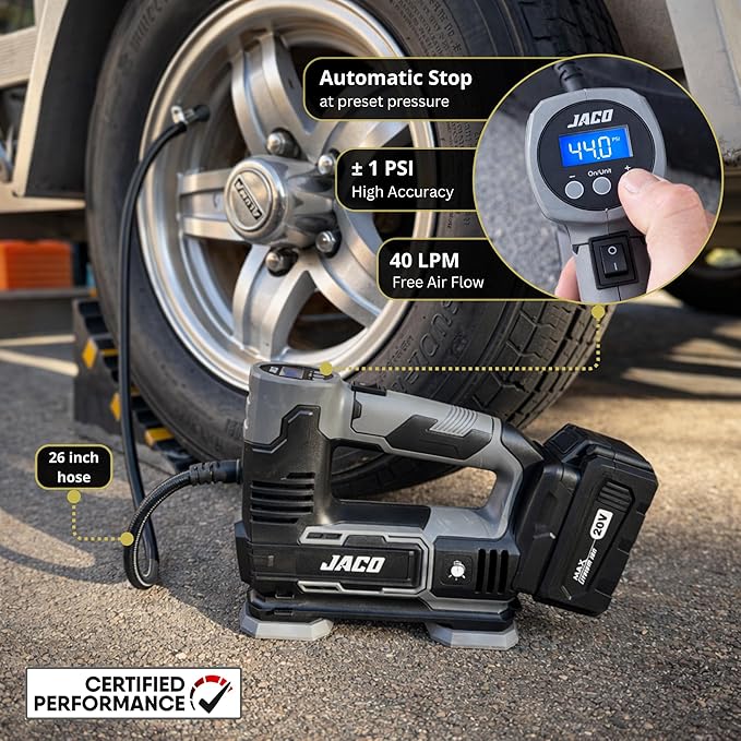 JACO 20V Cordless Tire Inflator Portable Air Compressor Pump | with 3.0Ah Max Li-Ion Rechargable Battery