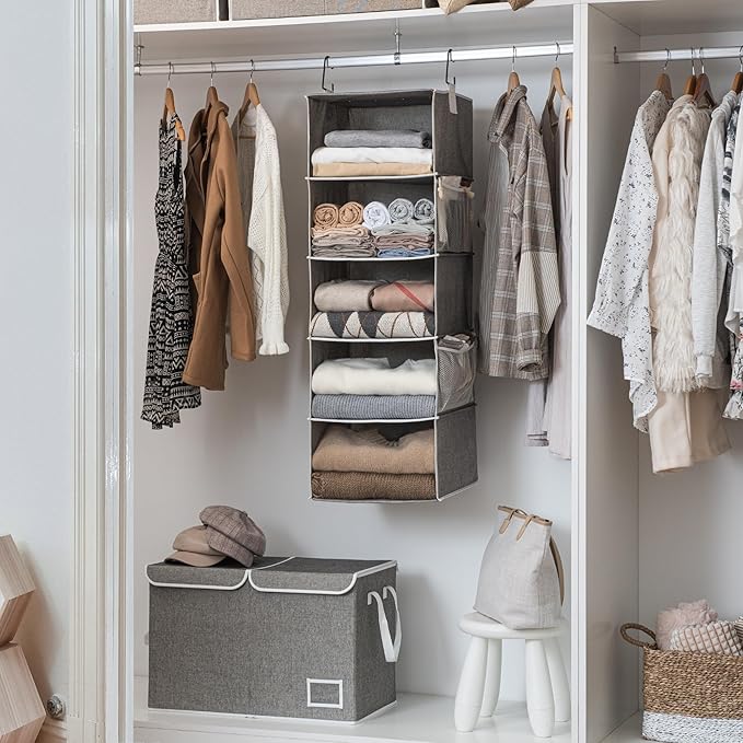 StorageWorks 5-Shelf Hanging Shelves for Closet, Foldable Hanging Closet Organizers with 2 Side Pockets, Portable Clothes Org